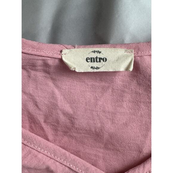Entro Top Women L Pink Cuffed Short Sleeve Babydoll Flowy V Neck Blouse - Picture 7 of 10